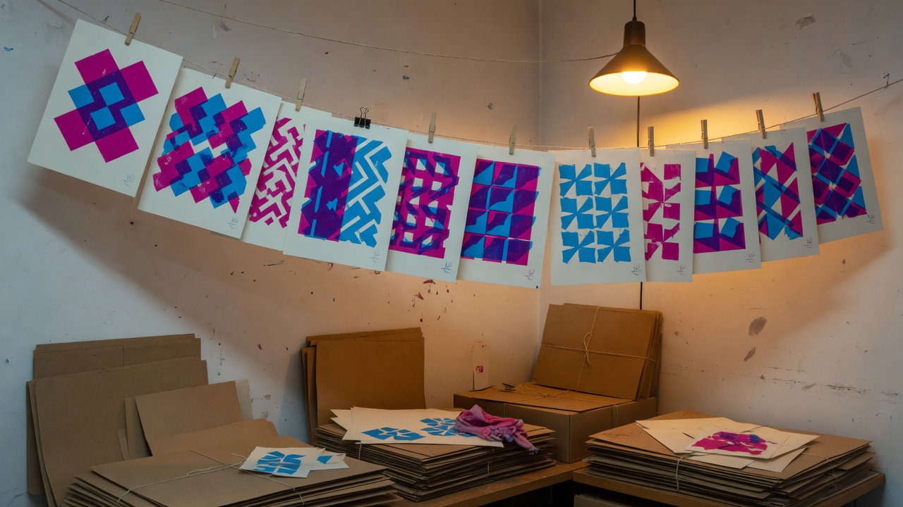 Geometric prints hanging on a drying line in a print shop